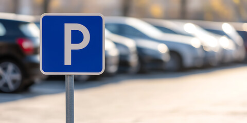 Parking Sign: Clear blue sign with white 'P' indicates designated parking area, cars blurred in background showing parking lot setting.