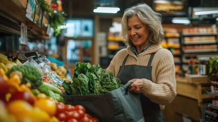 Smiling Grocery Worker Packing Fresh Produce at the Farmer's Market