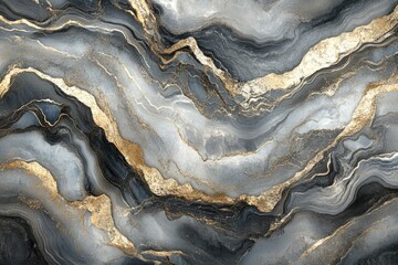Abstract gray and black marble texture with gold veins, luxurious and elegant design.
