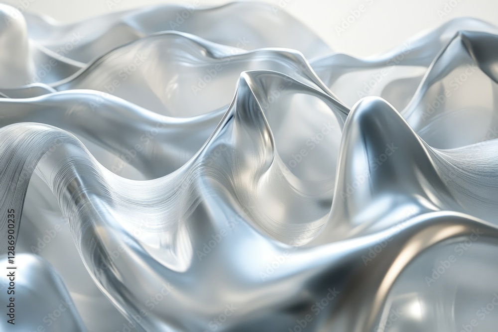 Poster abstract image of flowing, metallic silver fabric with wavy, undulating forms and reflective surface