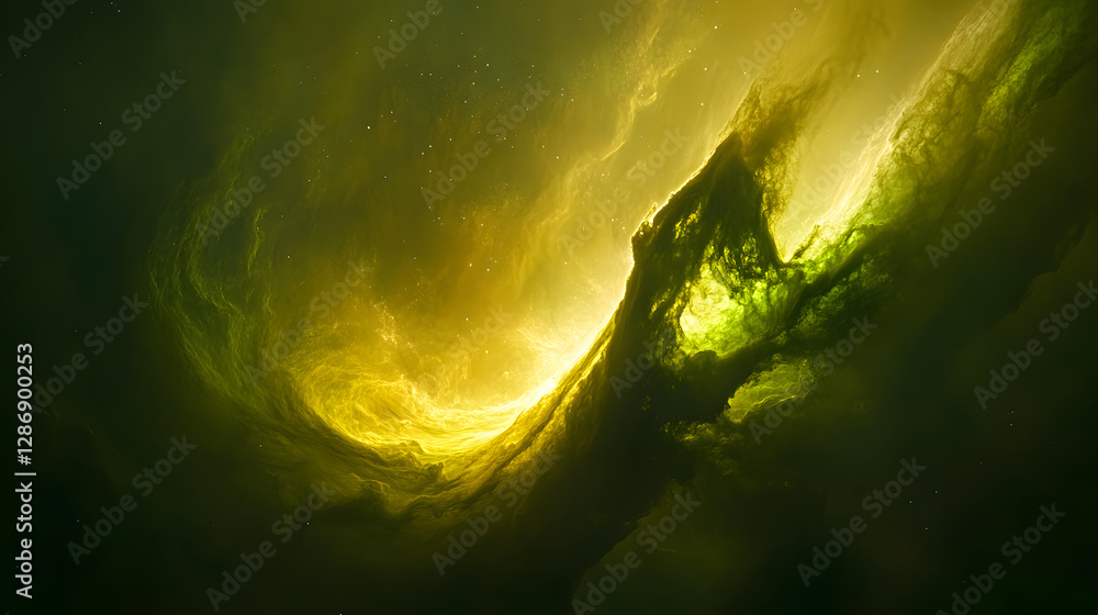 Poster abstract visualization of a large green cloud with textured patterns and shapes in a digital environ