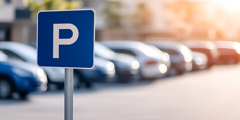 Parking Sign with Cars. This image showcases a blue parking sign with a clear "P" symbol, set against a soft-focus background of parked cars, creating a scene