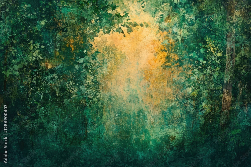 Poster enchanted forest scene, with golden light filtering through lush green foliage, creating a mystical 
