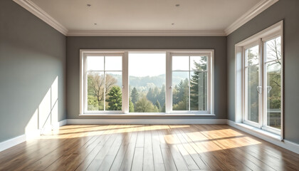 Fototapeta premium Sunlit Empty Room with Hardwood Floors and Large Windows Overlooking Scenic Woodland View