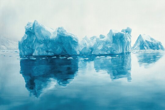 Majestic icebergs float serenely in the tranquil Arctic waters, their reflections mirroring the serene beauty.