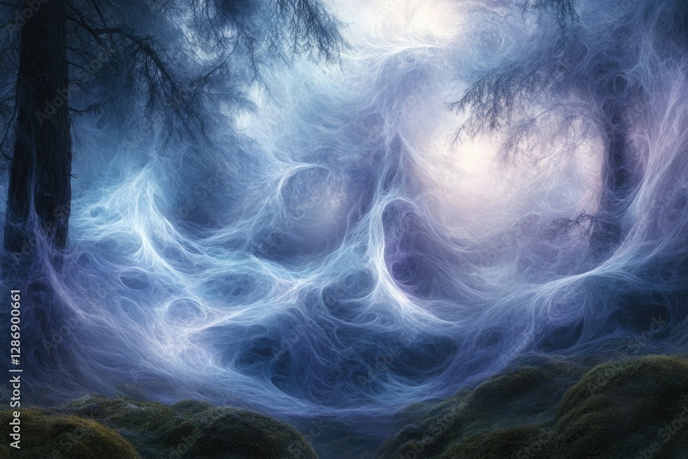 Poster ethereal forest scene with mystical blue energy weaving through trees and moss, creating a dreamlike