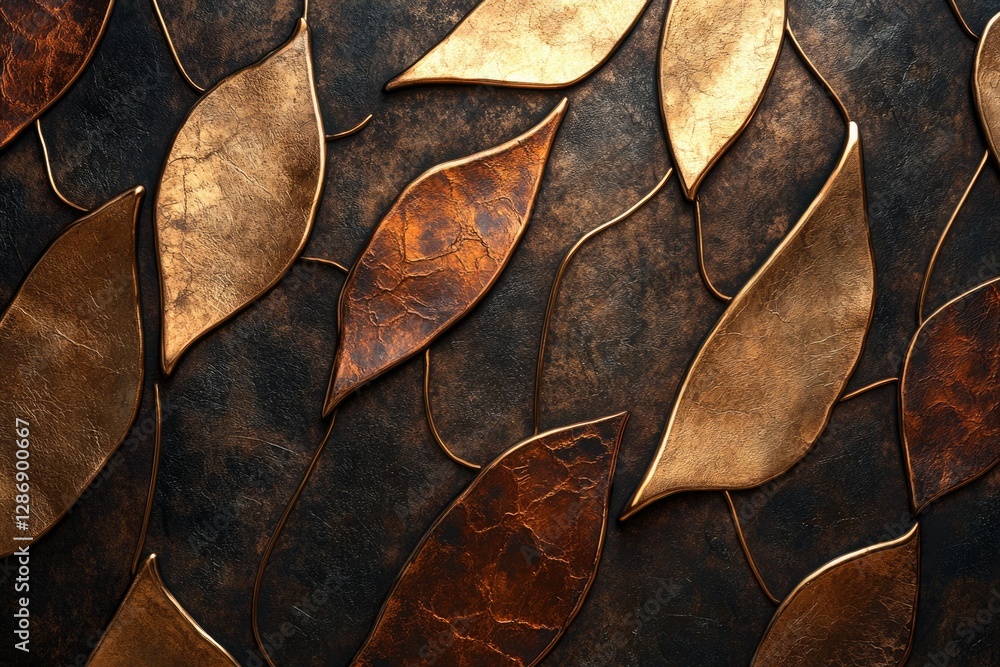 Poster Metallic leaf-shaped elements arranged on a dark textured background creating an artistic, luxurious design.