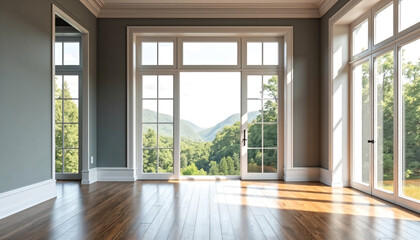 Obraz premium Luxurious Empty Room with Hardwood Floors and Mountain View Through Large Windows