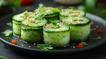 Fresh cucumber rolls on dark plate, garnished with sesame and herbs, against dark background