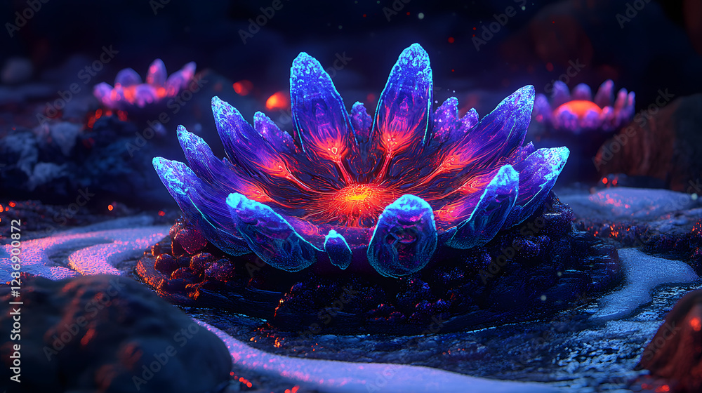 Poster artistic abstraction of a flower adorned with crystals in a vibrant and colorful composition