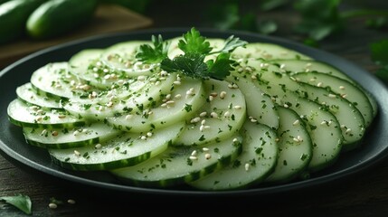 Obraz premium Fresh cucumber slices, seasoned with sesame seeds and parsley, on a dark plate, wooden background