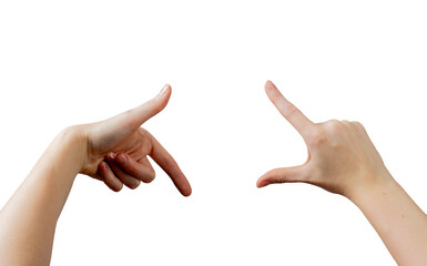 Female hands forming a square framing gesture, thumbs and index fingers creating a visual crop to...