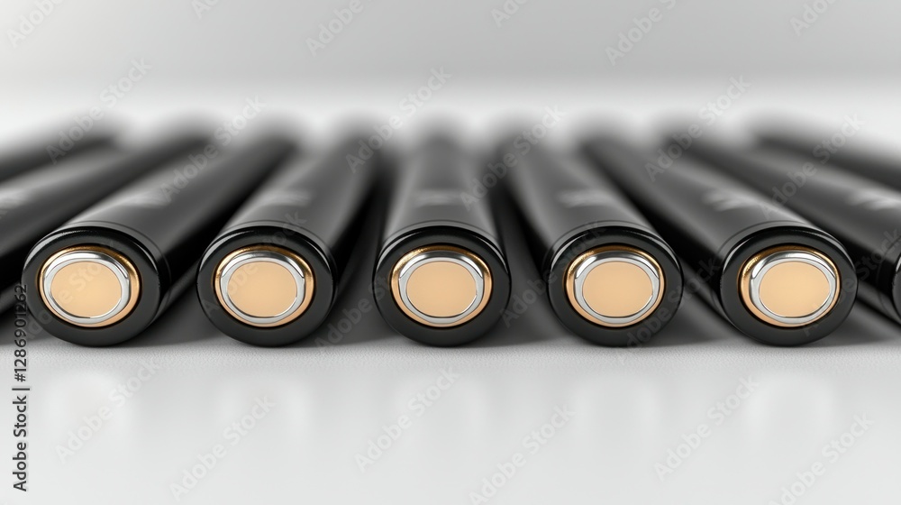Aufkleber close-up of aa batteries in a row on a white surface, background blurred. possible use technical or 