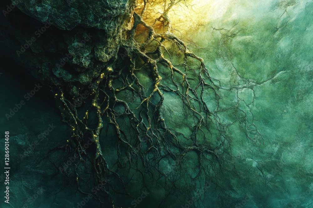 Poster glowing roots of an ancient tree emerge from a dark, textured rock face, creating a mystical, ethere