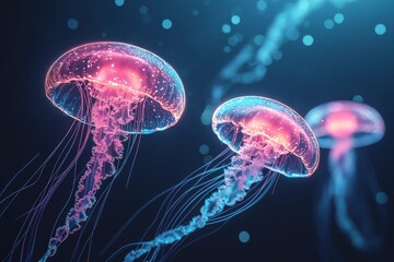 Colorful jellyfish swim gracefully in luminous waters during a nighttime display showcasing their bioluminescent beauty