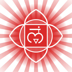 Muladhara. First primary chakra vector hand drawing illustration. Prostate and fallopian tube in traditional medicine. Symbol of energy center of human body, used in Yoga, Ayurveda, Hinduism