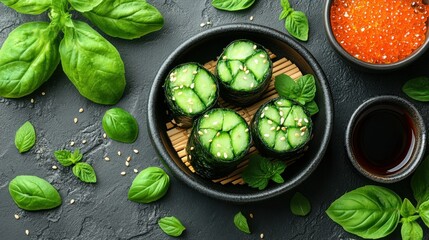 Fresh Cucumber Rolls on Dark Stone, Basil, and Salmon Roe Background.  Possible use Food blog, recipe, or restaurant promotional material