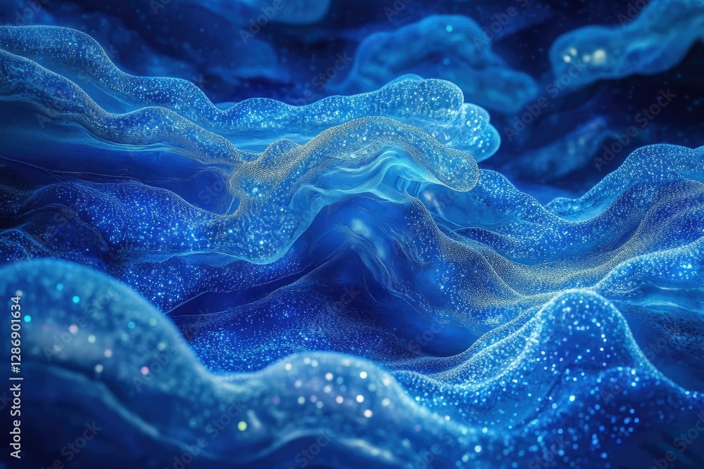 Aufkleber Abstract digital art depicting flowing, luminous blue waves with embedded sparkling particles.