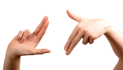 Female hands forming an L-shaped frame, fingers positioned to visualize a scene, shot, or composition. Symbolizing filmmaking, photography, and creative planning. Isolated on white background.