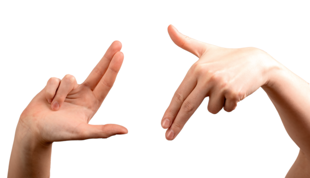 Female hands forming an L-shaped frame, fingers positioned to visualize a scene, shot, or composition. Symbolizing filmmaking, photography, and creative planning. Isolated on white background.