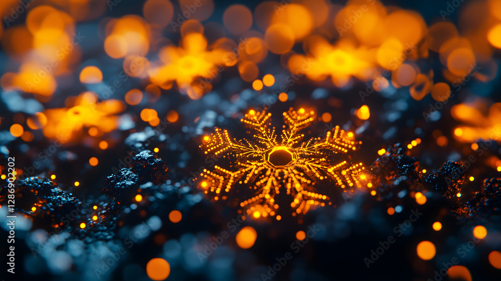Poster glowing snowflake in the dark with artistic abstract background and intricate details of winter beau