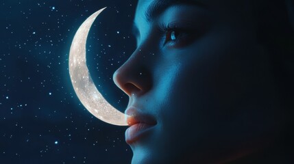 Enhancing women's day with moon and stars with sparkles around a woman's face, reflected in a tiny crescent-shaped mirror