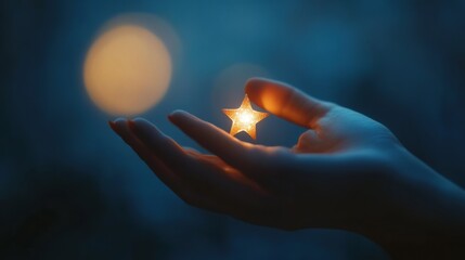 Capturing women's day where moon and stars with sparkles glow softly behind a woman's hand holding a small decorative star, a blurred moon beyond