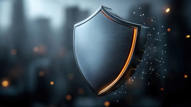 A metallic shield with an orange glowing outline, emitting digital particles against a blurred cityscape backg