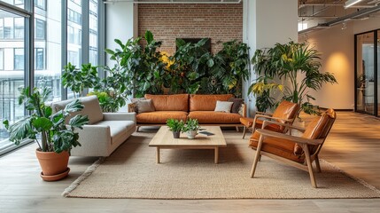 Fototapeta premium A Scandinavian-style office with natural wooden furniture and a variety of indoor plants for a calming vibe