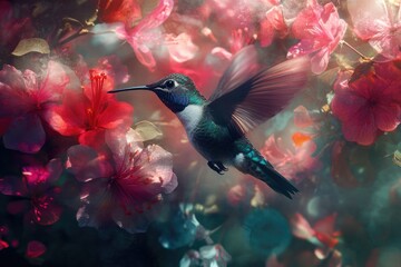 Naklejka premium A vibrant hummingbird in flight, surrounded by a profusion of pink and red blossoms.