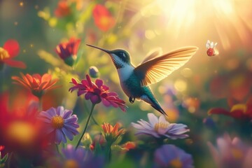Fototapeta premium A hummingbird hovers near vibrant flowers in a sunlit garden, a ladybug nearby.