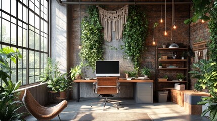 Obraz premium A loft-style office with industrial elements complemented by lush greenery in hanging macrame planters