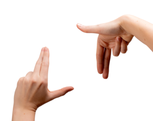 Female hands forming an L-shaped framing gesture, thumbs and index fingers creating a square to visualize composition and focus. Symbolizing photography, filmmaking, and creative vision. Isolated on