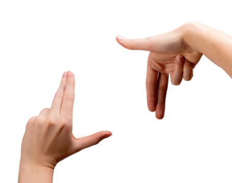Female hands forming an L-shaped framing gesture, thumbs and index fingers creating a square to visualize composition and focus. Symbolizing photography, filmmaking, and creative vision. Isolated on