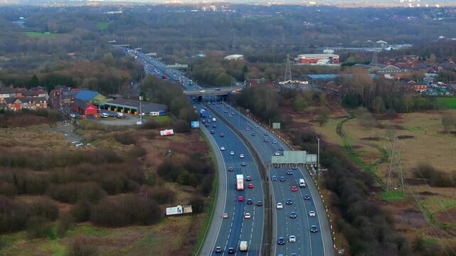 Aerial video of M60 outer ring road near Swinton - Greater Manchester 