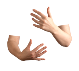 Female hands gently embracing, fingers clasped together in a soft hugging gesture. Symbolizing warmth, care, and tenderness. Isolated on white background.