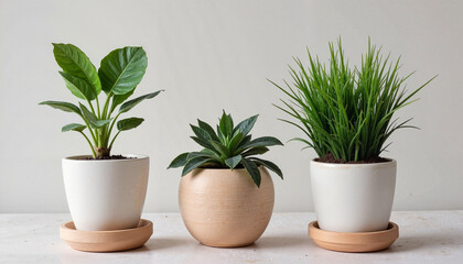 Obraz premium Ceramic plant pots displaying vibrant greenery on neutral backdrop, home decor