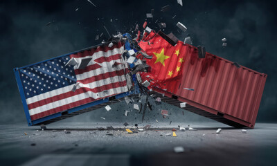 china and us trade war ,shipping containers colliding and exploding mid-air metallic shreds, political and economic fight for power worldwide 
