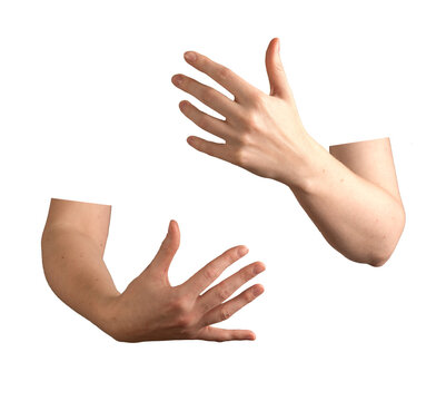 Female hands gently embracing, fingers clasped together in a soft hugging gesture. Symbolizing warmth, care, and tenderness. Isolated on white background.