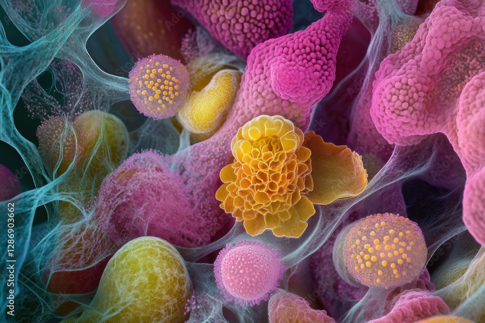 Poster Microscopic view of colorful cells interconnected by a delicate network, resembling a vibrant floral arrangement.