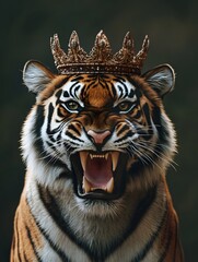 Fototapeta premium A magnificent tiger roars, symbolizing its dominance over the animal kingdom. Atop its head rests a golden crown encrusted with precious stones.