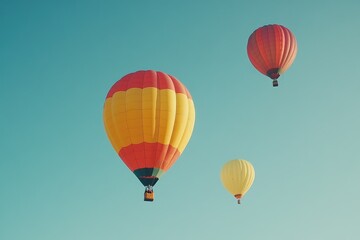 Naklejka premium Three vibrant hot air balloons ascend against a serene, azure sky.