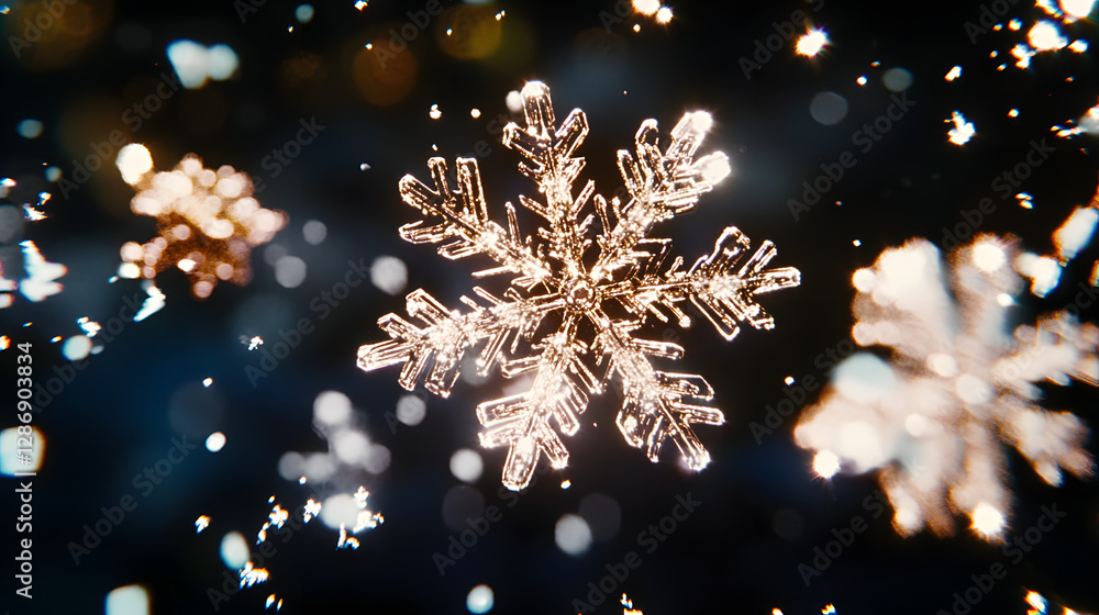 Poster close-up of a delicate snowflake illuminated against a dark background showcasing its intricate deta
