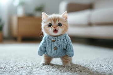A cute fluffy little cat is standing on the carpet on its paws, wearing clothes and looking at you with cute eyes. The background is a warm living room with an artistic style.