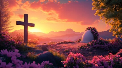 Joyful Easter Celebration: A Man Rejoices on Resurrection Morning, Sunlight Streaming, Easter Eggs, Festive, Happy, Spring, Christian Holiday,