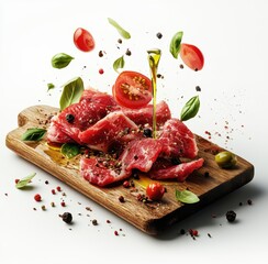 Fresh Quality Meat with Fresh Vegetables, Olive Oil, and Spices on Wooden Board for Culinary Presentation and Delicious Recipe Preparation