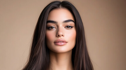 Naklejka premium Portrait of a woman with long, dark hair, light skin, and neutral makeup, set against a soft brown backdrop, showcasing a serene and refined look.