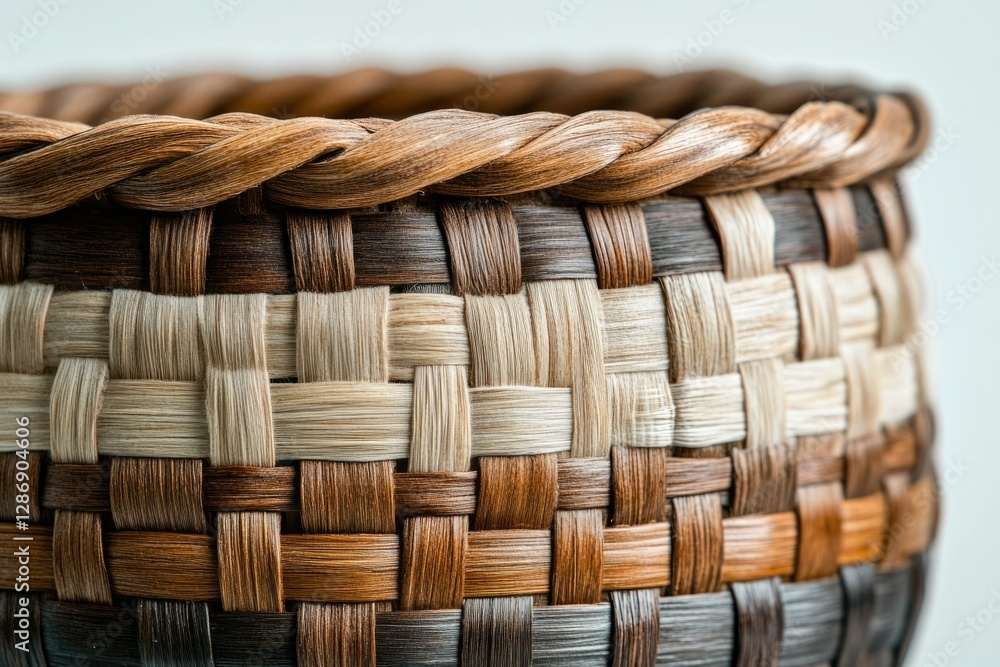 Poster intricate woven basket with various shades of brown and beige creating a beautiful pattern.