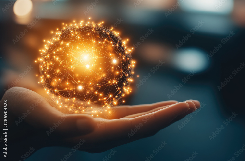 Poster global network connection hand holding illuminated sphere of data