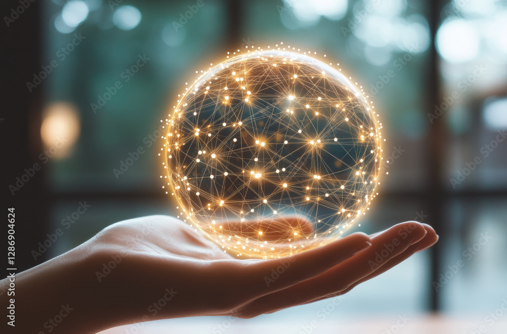 Poster global network connection hand holding illuminated sphere of data